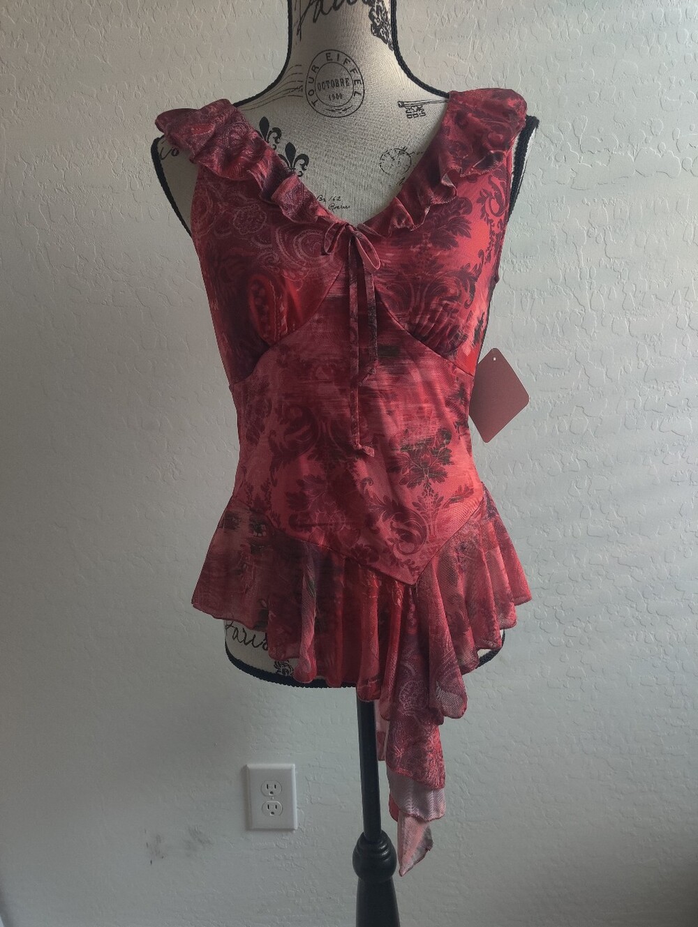 🆕 Rebellious Red Floral Paisley Ruffled Asymmetric Peplum Top Fairy Whimsigoth - Picture 2 of 12